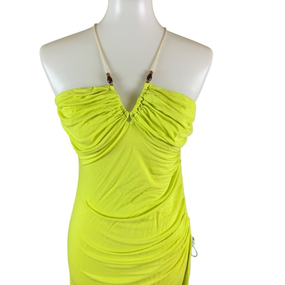 Free People Bright Green Ruched Bodycon Midi Dress M Y2K‎ Festival Vacation - Picture 2 of 6